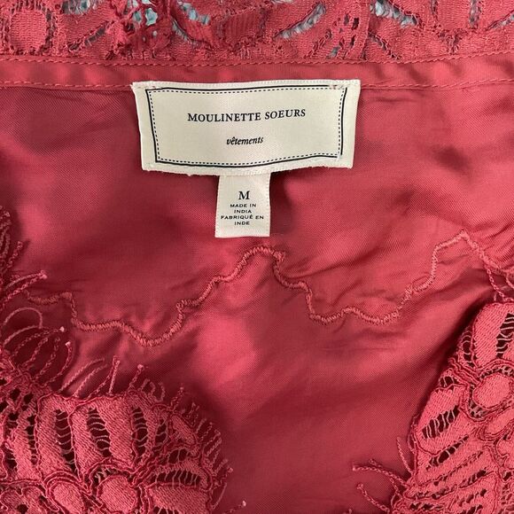 Anthropologie Moulinette Soeurs Satin Viscose Blouse Lace Orange Rust Medium - Picture 8 of 11